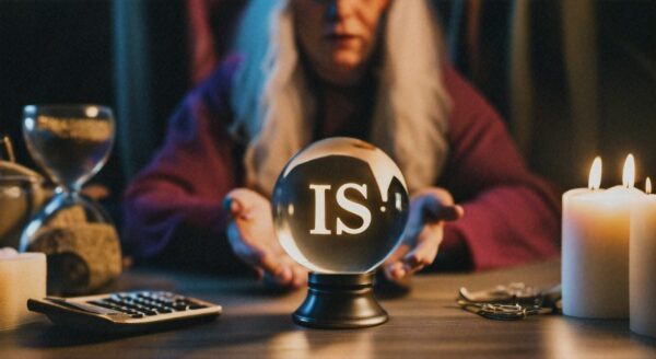 une voyante lit dans une boule de cristal les recettes de l'IS avec une calculette
