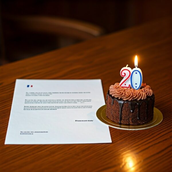gâteau d'anniversaire avec une bougie 20 ans posée sur un texte de loi
